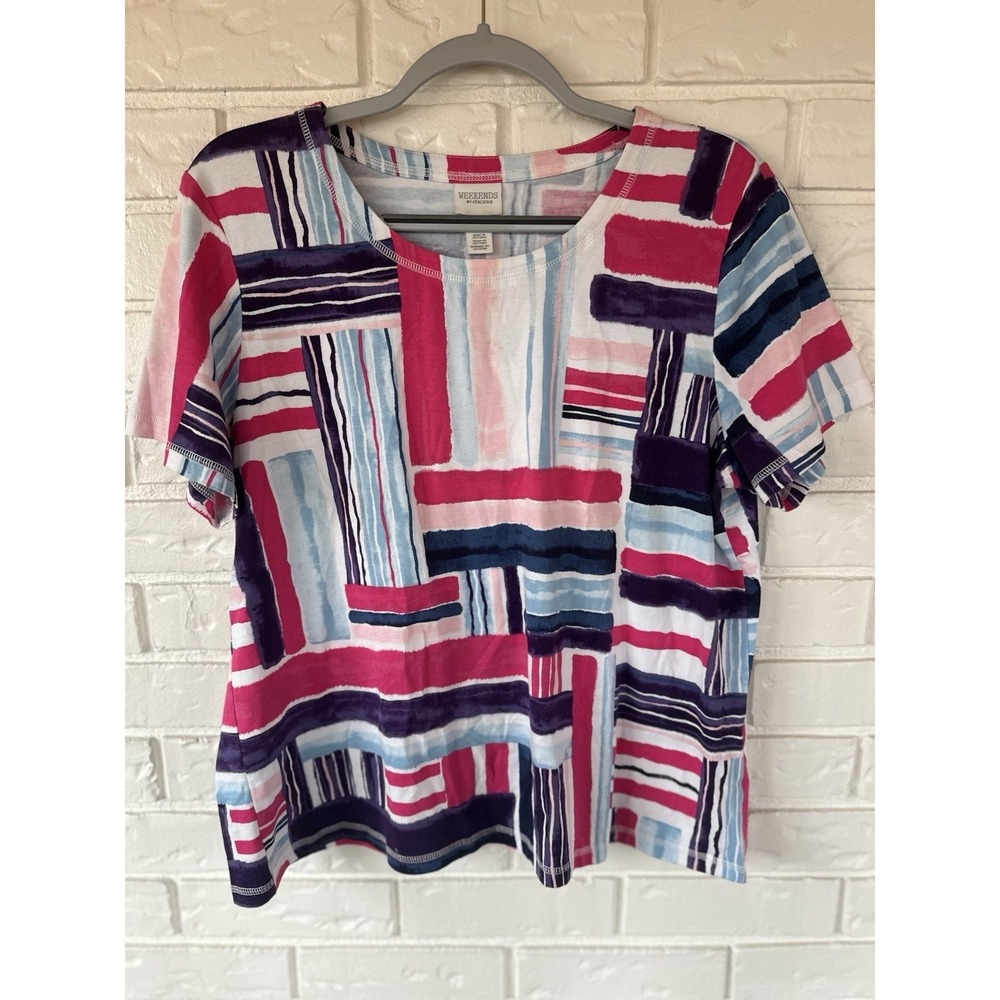 Weekends by Chico's Colorful Abstract Stripe Tee Womens Size 2 Artsy Modern - Picture 1 of 10